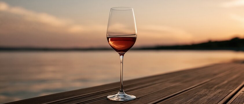 Aspirational solitude and indulgence a single elegant ros wine glass glows against a serene lake sunset from a rustic wooden dock. Perfect for hospitality, lifestyle, and wine brand.