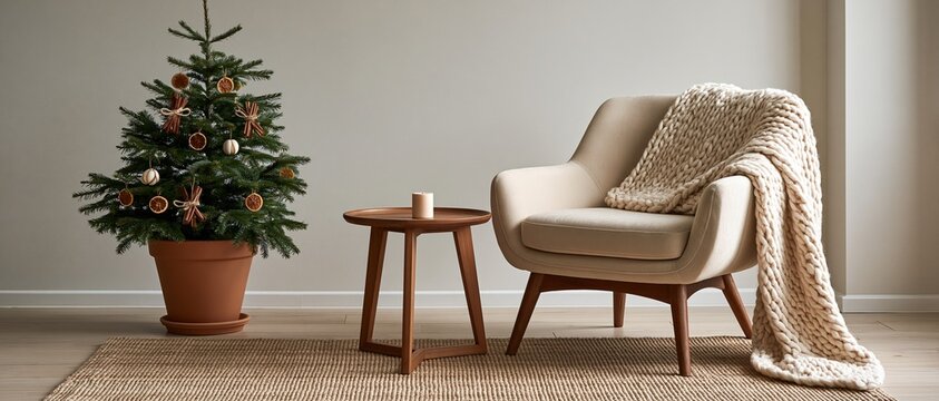 Hygge inspired holiday corner featuring a beige armchair draped with chunky knit blanket, walnut side table, candle, and potted tree adorned with dried orange slices and cinnamon.