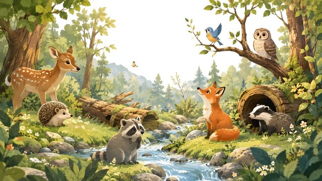 Lush forest landscape featuring a fawn deer, fox, raccoon, hedgehog, owl, and badger gathering near a flowing river stream in a sunny woods.