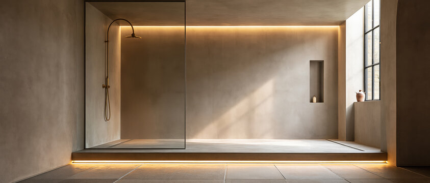 Serene spa like bathroom sanctuary featuring seamless micro cement walls, gold rain shower, ambient LED strip lighting, and natural sunlight. Perfect for luxury interior design, wellness.