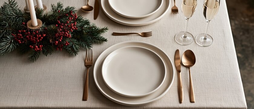 Festive holiday dining scene designed for warmth and sophistication. White ceramic plates, rose gold cutlery, champagne flutes, and a pineberry centerpiece on linen evoke upscale Christmas.