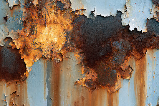 Peeling blue paint with rust and corrosion