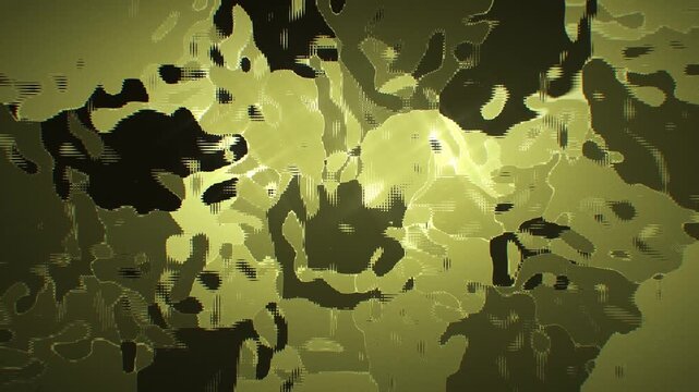 Seamless 3d loop animation of abstract camouflage shapes with glitchy dithered noise and raster texture in muted olive tones. Ideal for tech, gaming, and modern motion design backdrops.