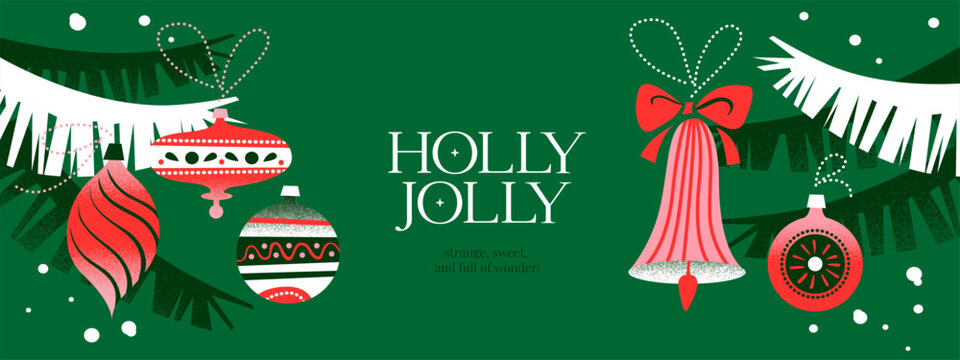 Christmas banner with vintage holiday ornaments. Festive retro design. New year frame background. Vector isolated illustration.