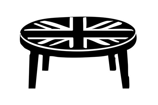 Black silhouette of a round coffee table with uk flag pattern isolated on white background, Vector