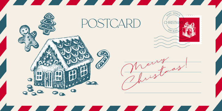 Vintage skecth Merry Christmas holiday gingerbread house, cookie, candy cane. Postcard and envelope retro design. Hand drawn vector illustration.
