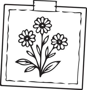 Taped photo card with daisy flowers line art vector illustration. Black and white outline element for bullet journals, botanical scrapbooking, stickers, and coloring pages.