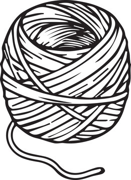 Cozy ball of yarn twine line art vector illustration. Minimalist black and white outline element for knitting, crocheting, gift wrapping crafts, and coloring book pages.