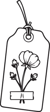 Cute floral gift tag line art vector illustration with string and flower. Black and white outline element for present packaging, botanical crafts, stickers, and coloring.