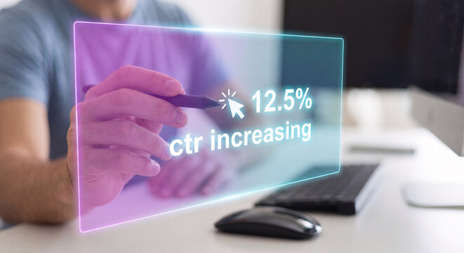 digital marketer points stylus at glowing click through rate interface to confirm ctr increasing, verify ad relevance, and manage creative testing