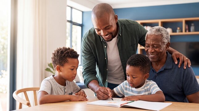 Black family grandfather father grandsons homework drawing education support home A father and grandfather guide two young boys through creative schoolwork together at the dining table for advertising