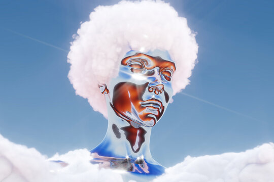 Surreal 3D render of a chrome female figure with cloud hair in a pastel retro-futuristic sky. 3d rendering illustration not AI