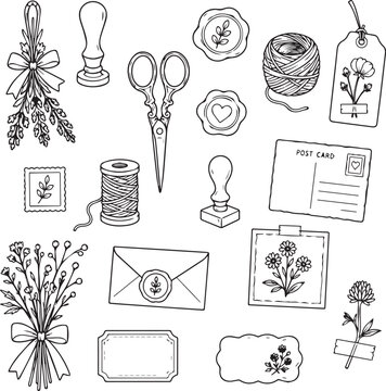Vintage postcrossing line art set featuring wax seal, vintage scissors, dried lavender bouquet, envelope, thread spool, stamp, postcard, tags, and flowers. Ideal for coloring and crafts.