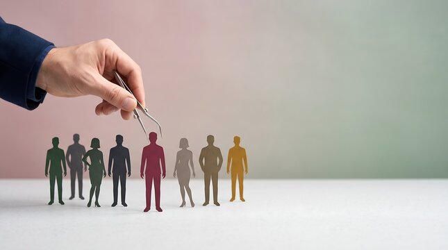 Proximity bias concept with hand choosing paper human cutout