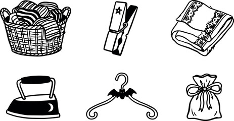 Fototapeta premium Hand drawn laundry care collection with basket iron clothespin hanger and pouch