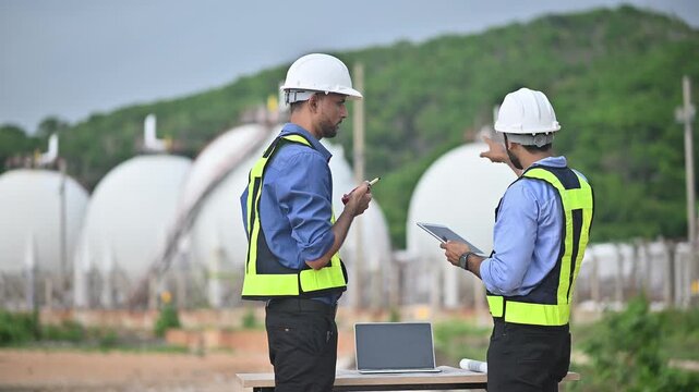 Engineers wearing safety gear, including hard hats examining survey a large blueprint tablet standing industrial facility gas or oil refinery engaged in a job requires high safety standards concept.	