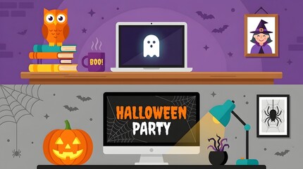 Naklejka premium Halloween Party Workspace with Owl, Pumpkin, and Spooky Decorations