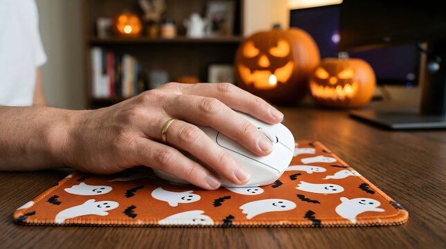Hand using computer mouse on Halloween themed desk with jack-o'-lanterns and ghost mousepad
