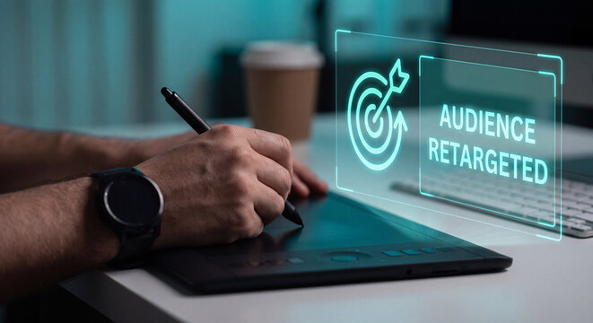 media planner writes on tablet beside glowing retargeting interface to confirm audience retargeted, verify segment match, and manage remarketing list