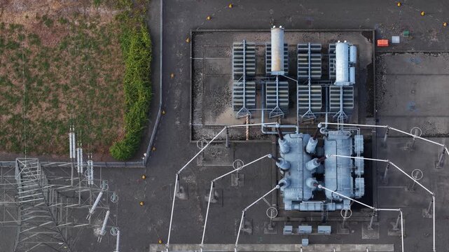 Electrical power plant transformer substation aerial view