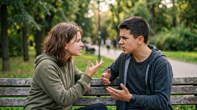 Two teens arguing on park bench, upset during disagreement in public park. Young boy and girl intensely discussing, expressing strong emotions, showing communication struggles. Concept teens arguing
