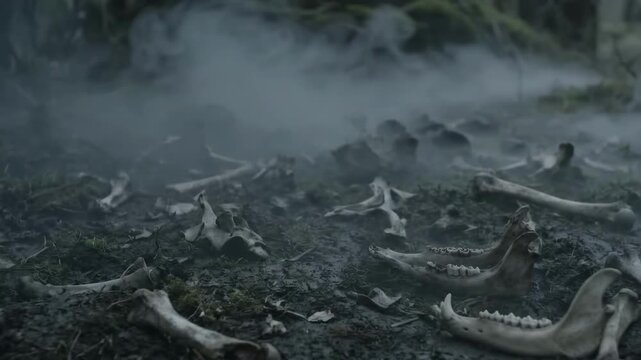 Cinematic 4K Seamless Loop Scattered Animal Bones and Skulls on Dark Damp Forest Ground with Creepy Rolling Fog