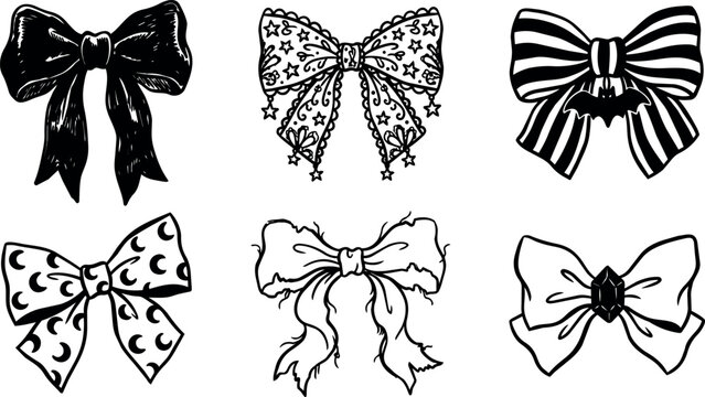 Black and white hand drawn bow collection with decorative patterns and ribbons illustration