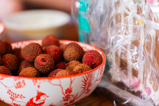 Lychee fruit in bowl on table at Christmas party