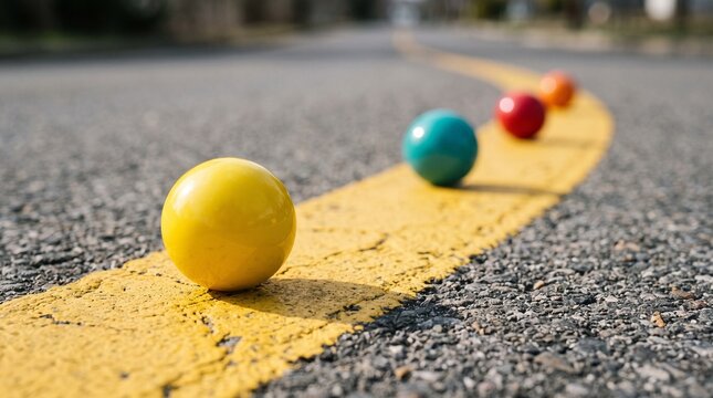 Colorful spheres lined up on a yellow curved line on an asphalt road.