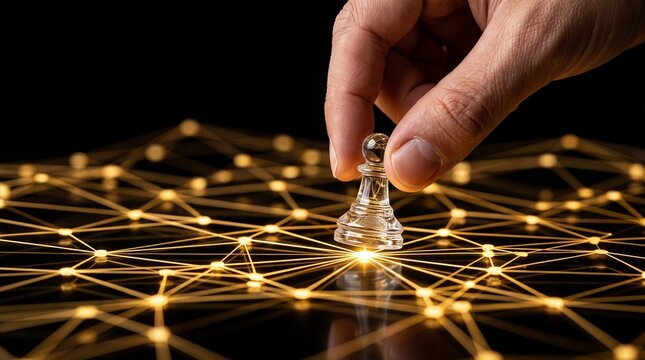 Hand placing a clear chess pawn on a glowing interconnected network grid, symbolizing strategy and connection.