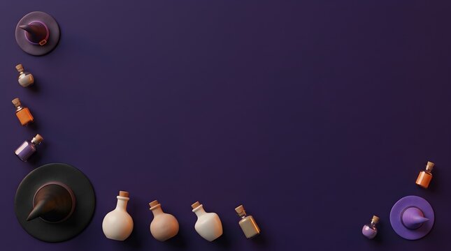Halloween witch hat and magic potion bottles on a dark purple background with copy space