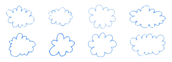 Fototapeta premium Cloud frame, fluffy border crayon doodle sticker with scallop badges. Set rounded blobs stickers. Scribble clouds pencil bubble. Kids Style, childlike drawing.