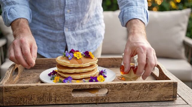 A mature Caucasian man garnishing a stack of fluffy pancakes with edible flowers and golden syrup on a rustic wooden tray for a cozy breakfast meal.