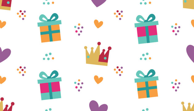 Cute colorful seamless pattern with gift boxes, hearts, crowns, and decorative dots on a clean white background.