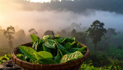 Obraz premium Fresh Tea Leaves in Basket with Misty Mountain Backdrop.