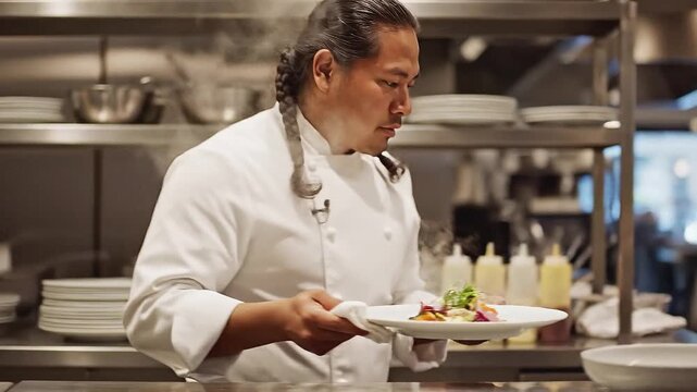 A professional Asian male chef with braids carefully preparing a gourmet steaming dish on a white plate in a modern industrial restaurant kitchen.