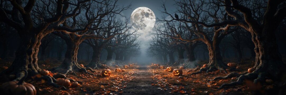 Spooky misty forest path at night, twisted trees with arches, glowing full moon in background, orange leaves on ground, dark moonlight scene, haunting atmosphere