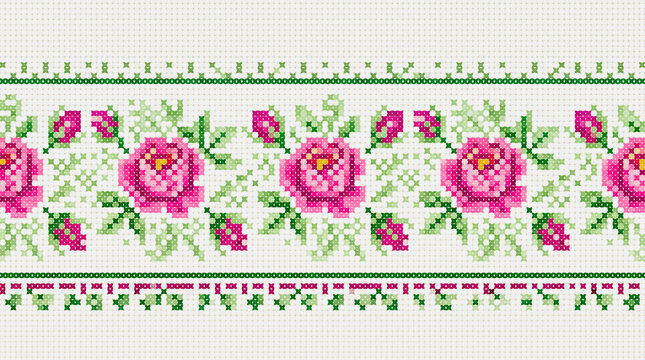 Traditional Rose Flower Cross Stitch Seamless Border Pattern - Pixel Art Embroidery Design