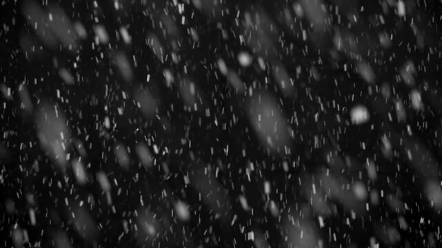 White snow isolated on black background, natural and real, winter nature, using for overlay effect