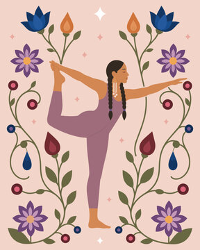 Indigenous Woman Practicing Yoga with Symmetrical Ojibwe Floral Inspired Design