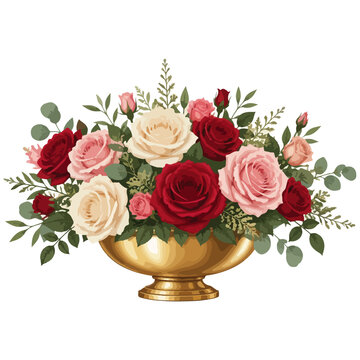 floral bouquet of roses in gold vase vector illustration