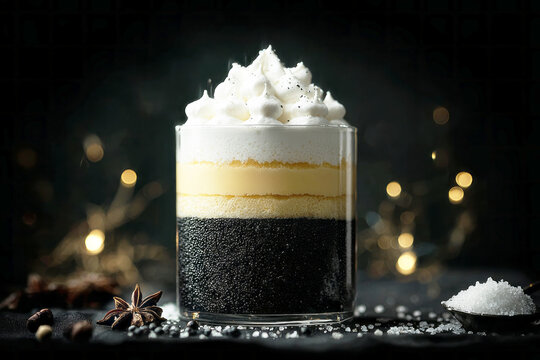 Dessert is served in a clear glass showing layers of cream and sprinkles. The setting has sparkling lights that create a festive feel. It is evening time