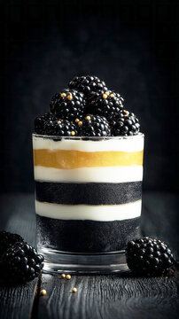 Dessert is served in a clear glass showing layers of cream and sprinkles. The setting has sparkling lights that create a festive feel. It is evening time