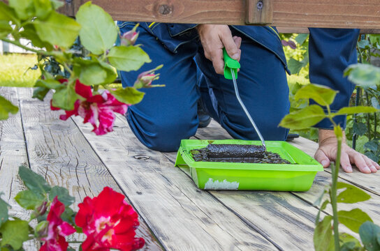 Gardener kneels beside wooden deck
