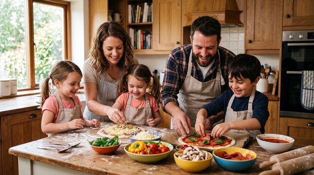 Happy family with three children laughing and making homemade pizza together in a cozy wooden kitchen