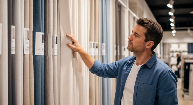 Customer choosing interior curtains while inspecting fabric samples in home decor store. Man comparing textures while choosing interior curtains. Ideal choosing interior curtains concept for design.