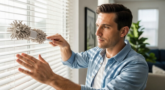 Focused man doing blind cleaning with special duster tool near window. Thorough blind cleaning process removes dust from white horizontal slats. Smart blind cleaning domestic routine concept.