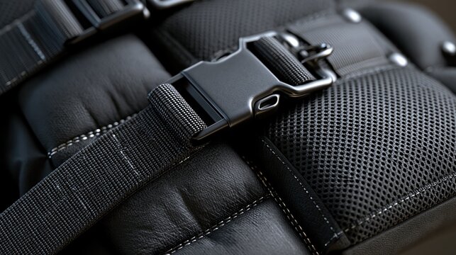 A weighted vest's reflective stitching, breathable mesh panels and adjustable buckle straps in extreme macro detail, dramatic side lighting emphasizing fabric texture and hardware