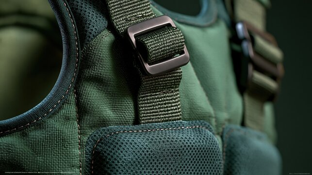A weighted vest's reflective stitching, breathable mesh panels and adjustable buckle straps in extreme macro detail, dramatic side lighting emphasizing fabric texture and hardware
