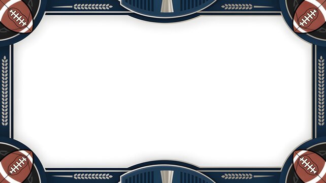 Football themed border frame featuring brown leather balls and decorative navy blue patterns for sports designs
